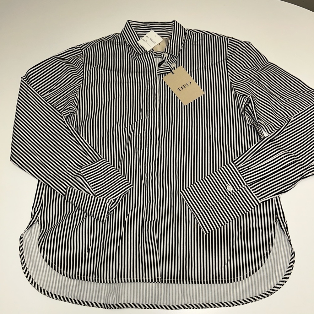 Theo Womens black/white Larisa Striped designer Shirt Med NWT
